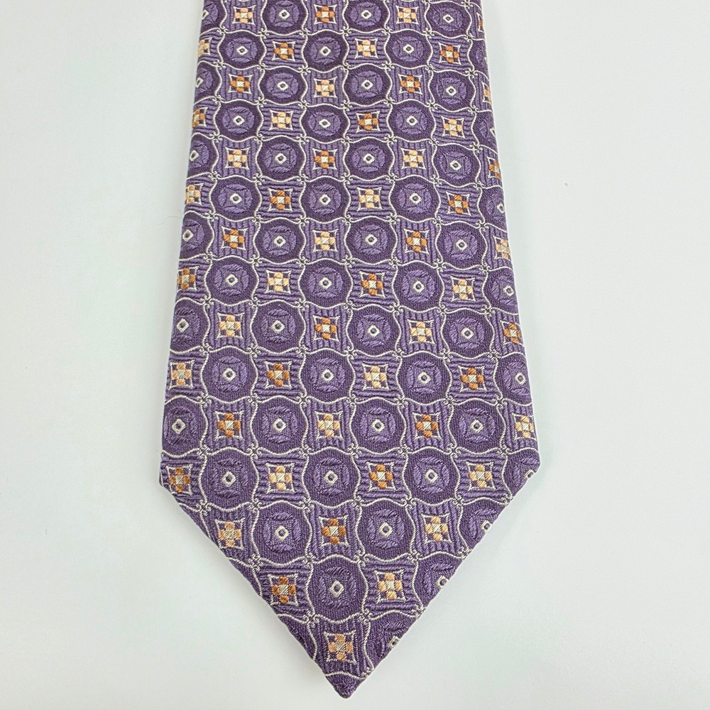 Canali Mens Silk Tie Purple Tan Floral Geometric Medallion Jacquard Made Italy